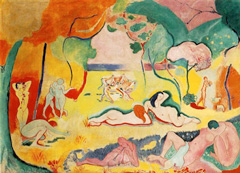 Henri Matisse painting of relaxing figures in brilliant reds, greens and yellows.